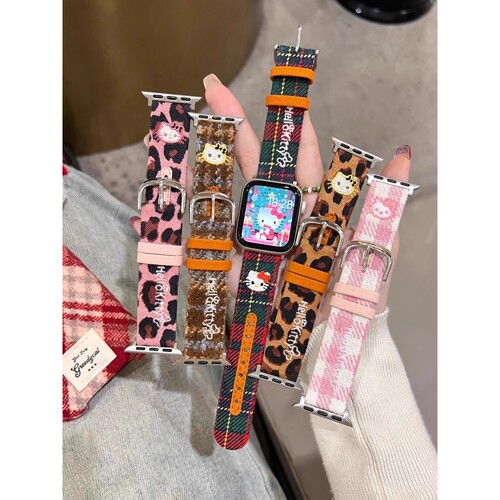 ins适用苹果iwatch11毛呢格纹刺绣KT猫皮质表带小米98pro华为fit4