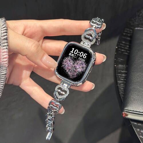 适用苹果手表s11表带AppleWatchs10/9/8爆闪金属双心链iWatch4/6