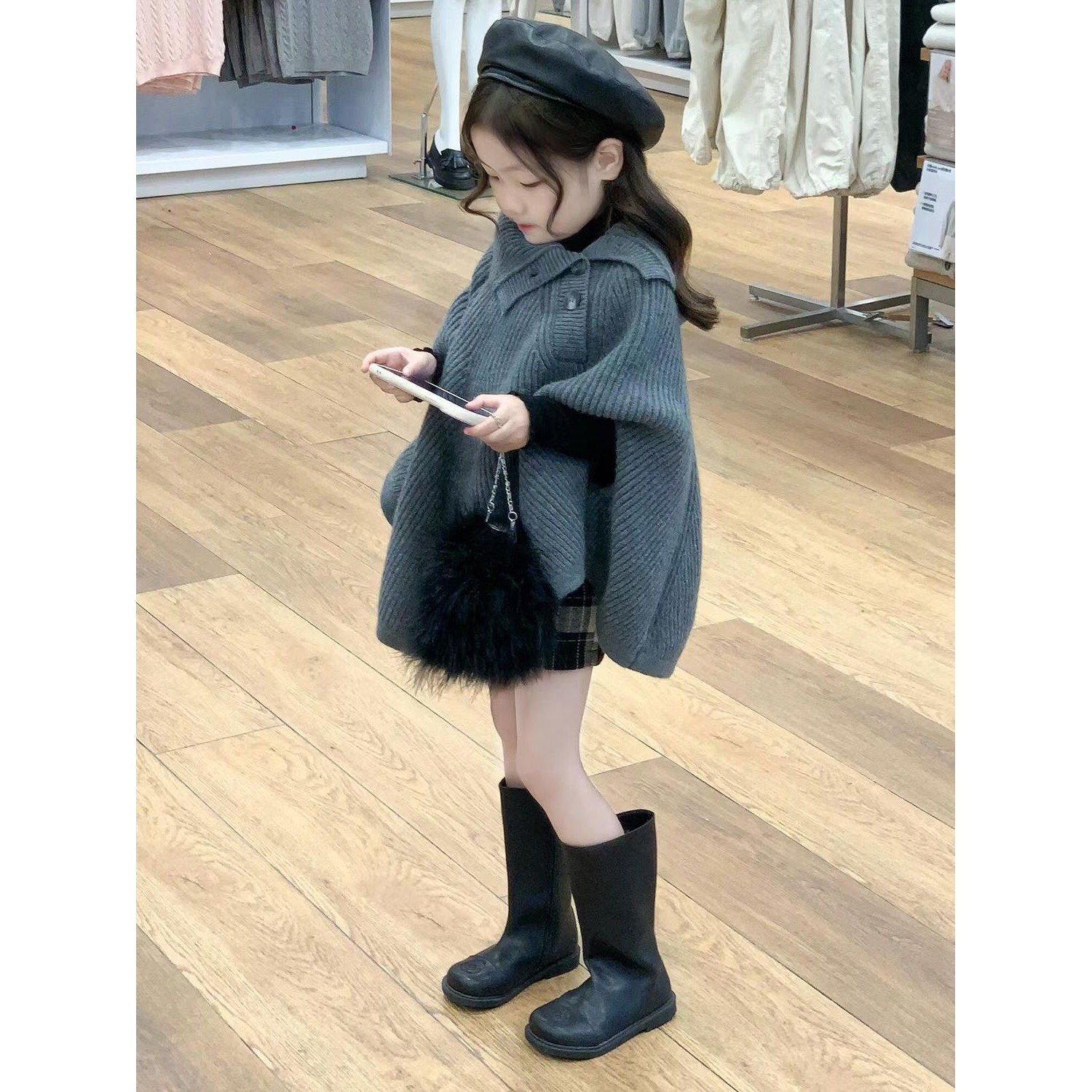 韩版女童2024秋冬新款灰色坑条斗篷外套中大童黑白格纹半身裙套装