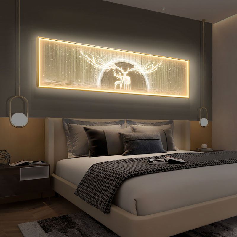 速发轻奢卧室装饰画灯麋鹿床头挂画高级感横版客厅背景墙壁画