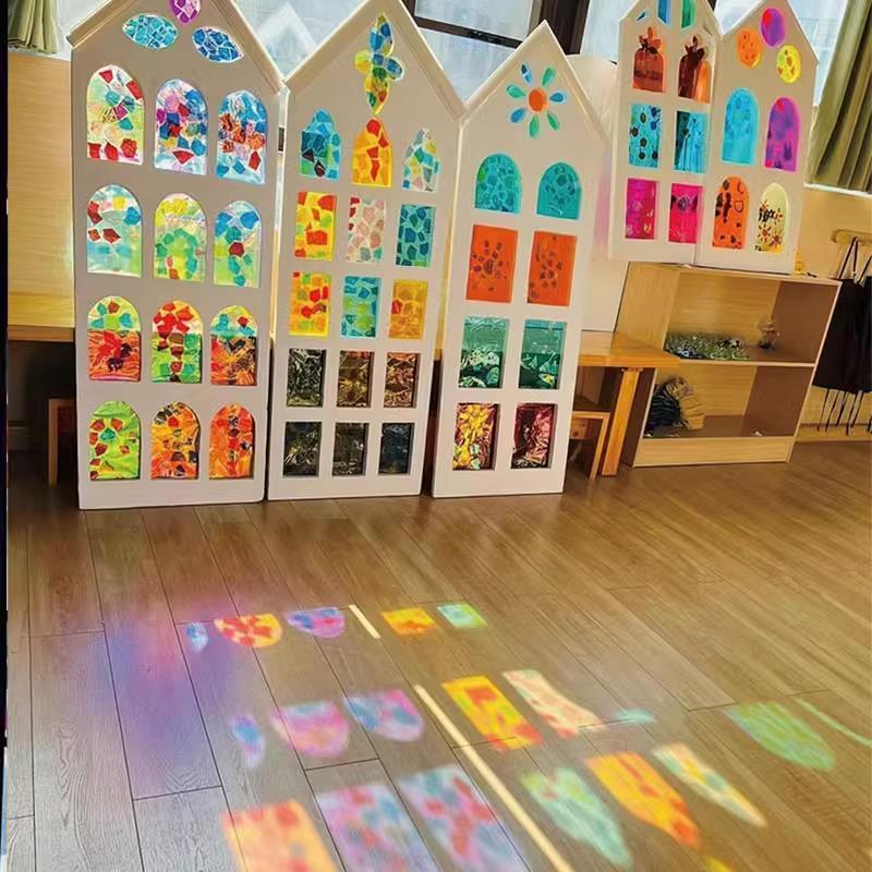 速发幼儿园窗户光色区手工房子美工建域区筑角纸盒环创材料彩影玻