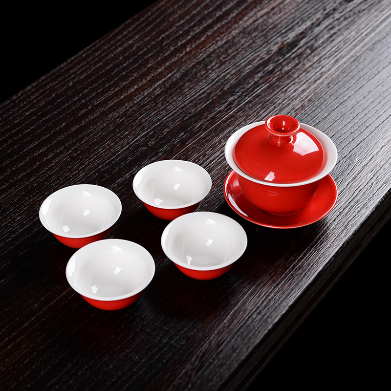 红色盖碗1盖碗4杯子w红色陶瓷订制活动礼品茶具套装