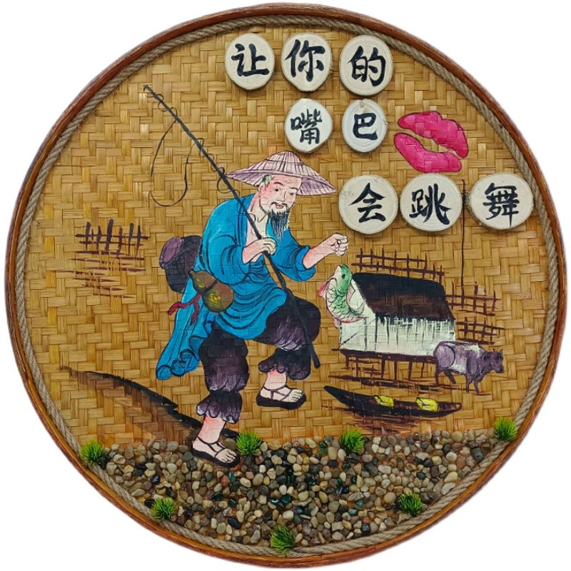 手绘竹编a簸箕复古怀旧餐馆饭店墙面装饰画墙壁挂饰墙上挂件墙饰图片