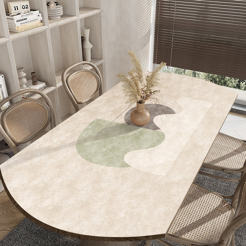 侘寂风折叠圆桌硅胶皮革桌布防水防油免I洗椭圆形餐桌垫防烫茶几