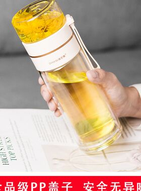 茶水分离泡茶杯男女耐热水杯带挂绳玻璃J杯子便携随手杯办公室双
