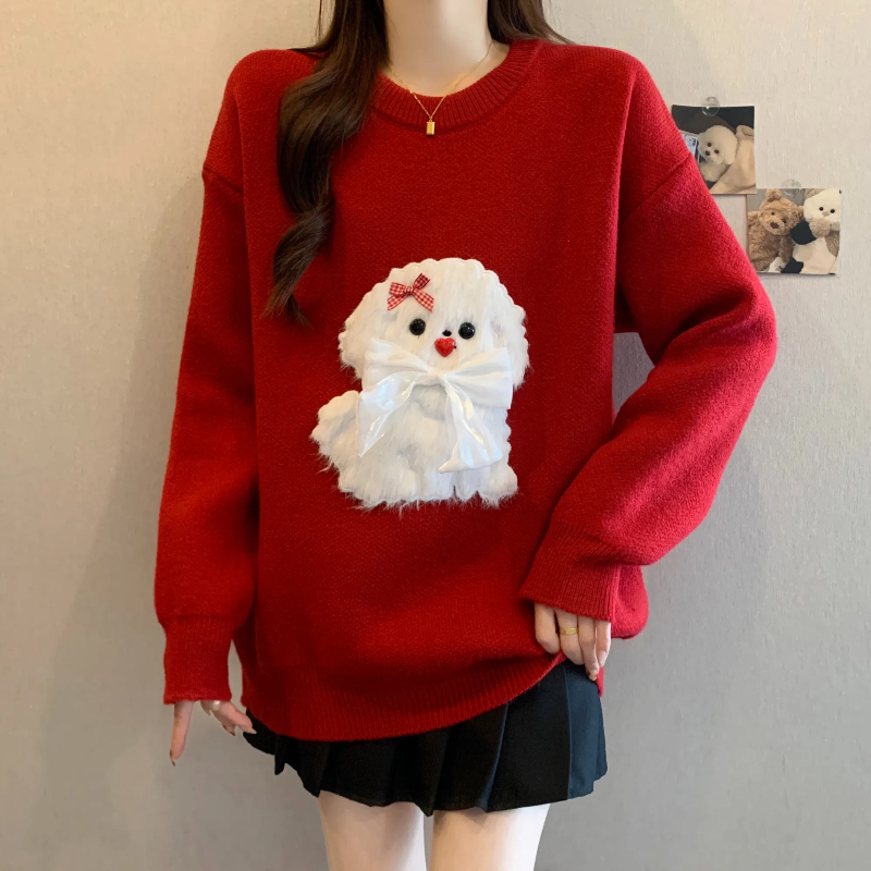 圣诞红色毛衣2026新年上衣时髦时尚洋气毛巾绣大码宽松遮肚子藏肉