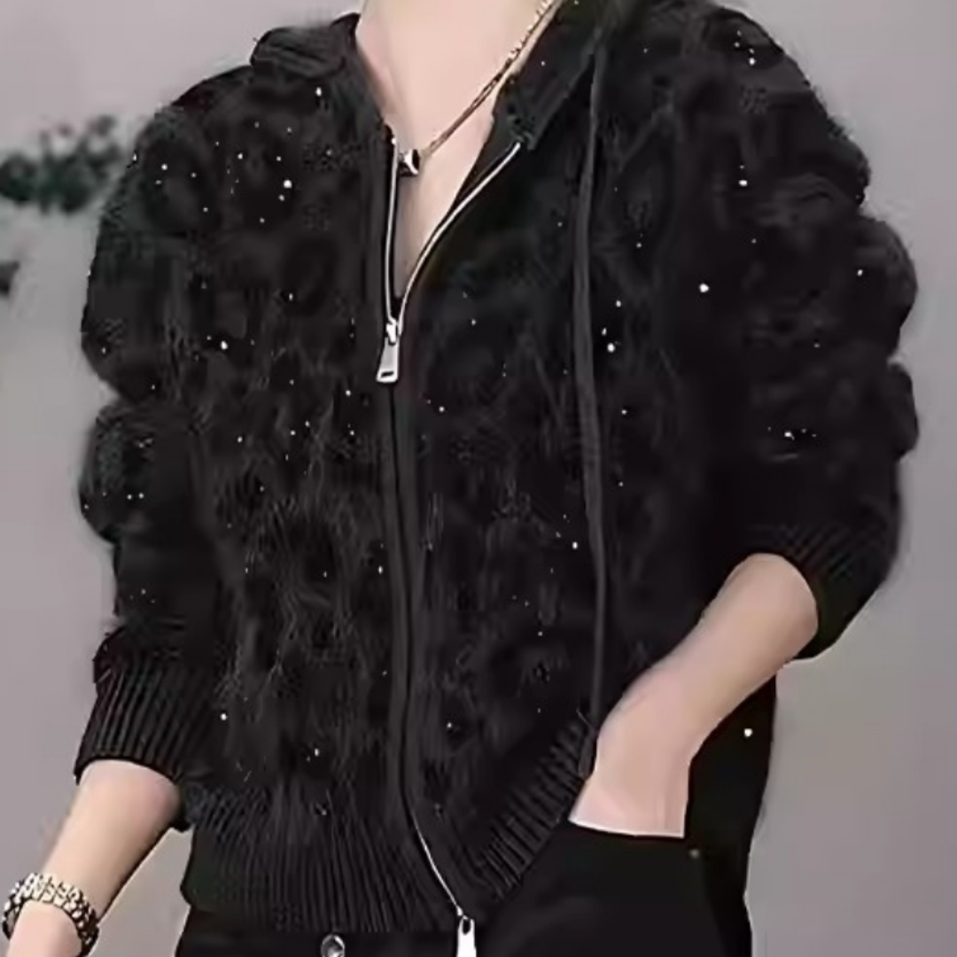 欧货时髦深灰色豹纹连帽拉链针织衫2025秋冬新款气质宽松百搭上衣