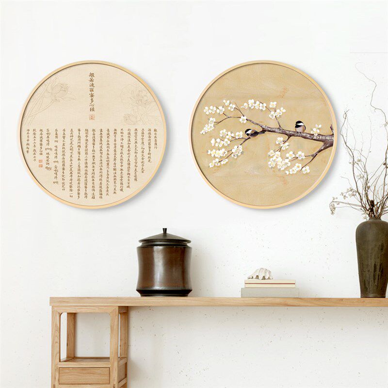 茶室背景墙装饰画中式客厅墙画心经挂画玄关N圆形花鸟画茶桌古韵