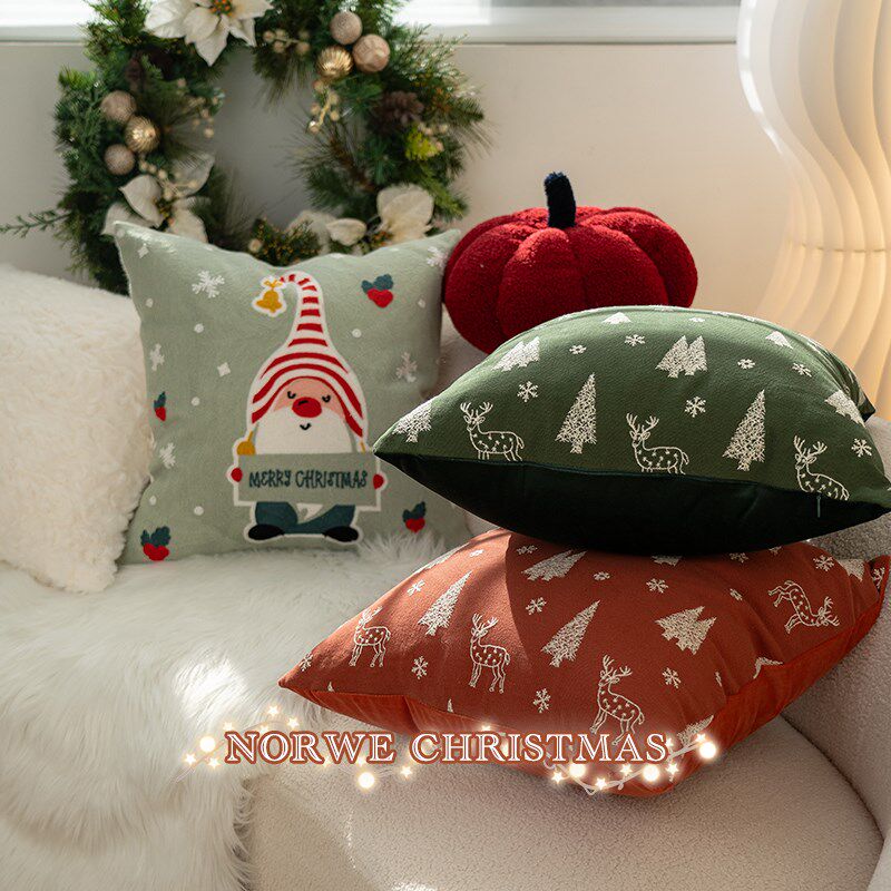 抱枕圣诞b节礼物新款节日装饰高级感棉麻刺绣枕套客厅沙发靠枕靠