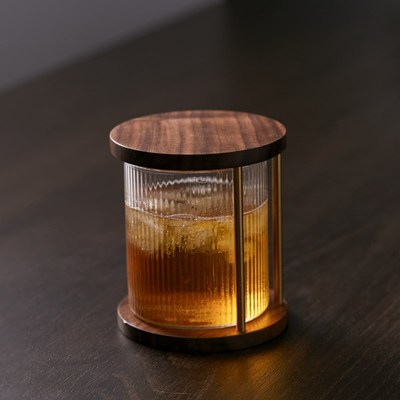 透明条纹玻璃杯子高m颜值茶杯水杯啤酒果汁杯家用一体咖啡杯托防