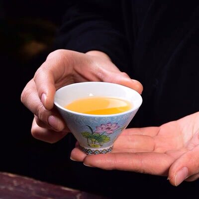 珐瑯彩描金d斗笠杯套装瓷杯子茶品陶瓷茶杯精致茶具带礼盒送小礼
