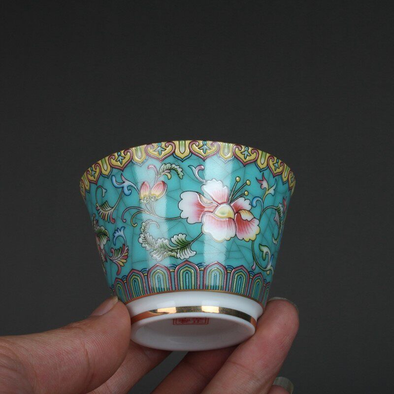 仿古粉彩珐琅彩缠枝莲纹小茶杯 古玩古董陶瓷器T贴花茶具收藏品