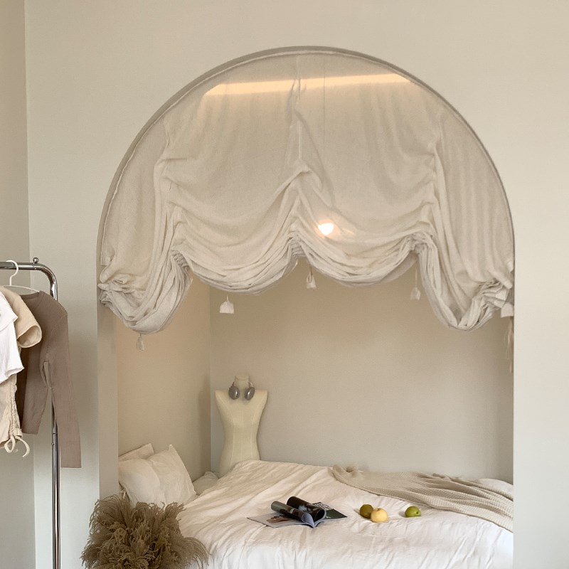 日式亚麻提d拉帘弧形拱形门帘复古升降罗马帘魔术贴达尔文系带隔