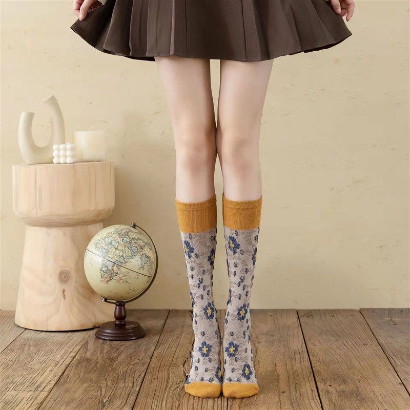 复古花宫廷风小腿袜纯棉袜浮雕花长筒袜蔓藤花碎花学生袜秋冬长袜,女士内衣/男士内衣/家居服,长筒袜,淘宝优惠券,粉丝福利购,淘宝优惠卷