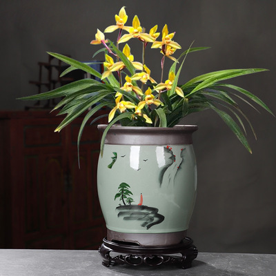 中国风手绘多肉花盆圆形高款陶瓷紫砂2022新款兰花专用大号盆景盆