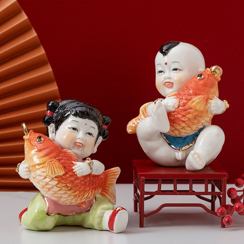 陶瓷男女童子窑彩可爱早生贵子年年有余求子送子手工创意娃娃摆件