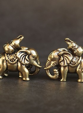 复古实心纯黄铜办公桌面车载小摆件福禄大象茶宠工艺品手把玩件