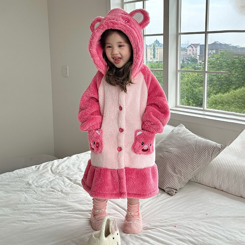 女童珊瑚绒睡袍秋冬款2024新款法兰绒女宝宝儿童浴袍冬季睡衣长袍