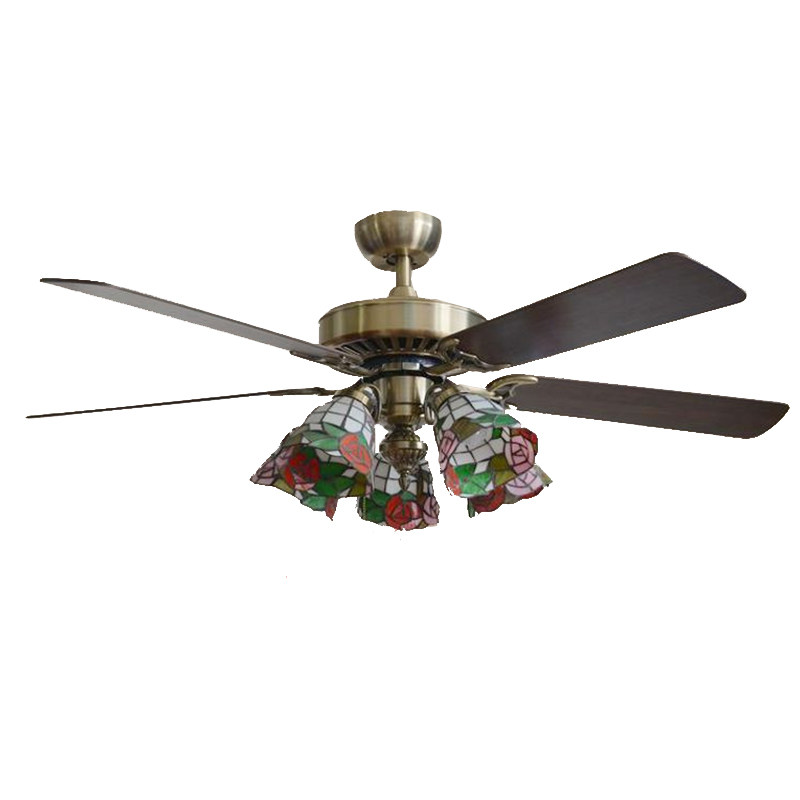 包邮至满亿高档5头电风扇客厅餐厅艺术吊灯田园欧式玫瑰花吊扇灯