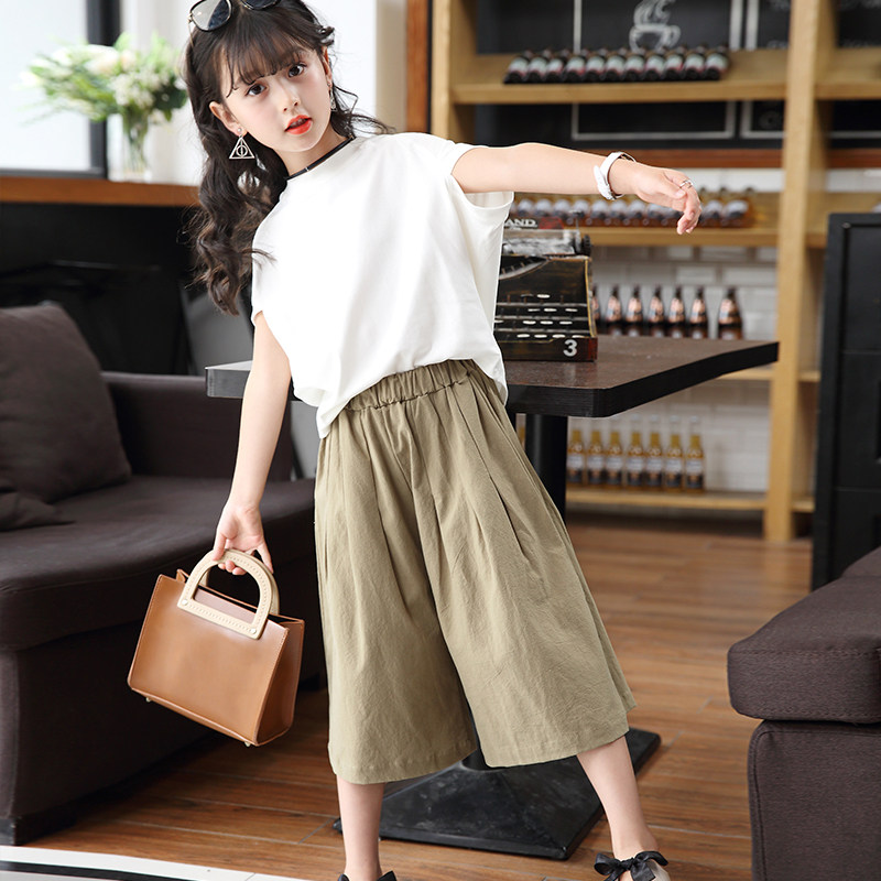 女童夏装套装2021新款中大童洋气蝙蝠衫短袖网红阔腿裤两件套15岁