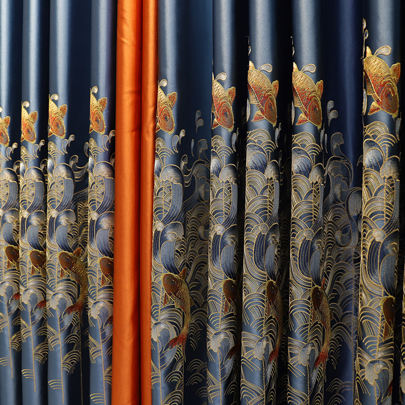 新中式缎面绣花窗帘古典高档大气客厅卧室飘窗成品定制纱年年有鱼