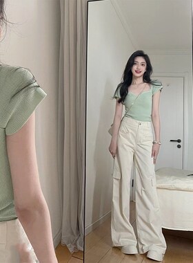 法式复古高级感洋气气质短袖方领露锁骨短款绿色针织衫T恤上衣女