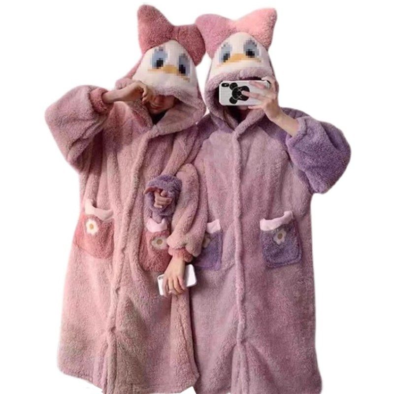 秋冬季珊瑚绒睡裙网红长袖家居服可爱保暖加厚睡袍女士法兰绒睡衣