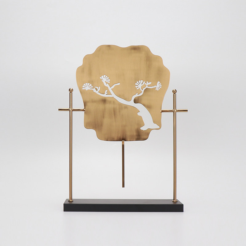 新中式金属迎客松扇子摆件样板房软装摆设博古架客厅玄关装饰品