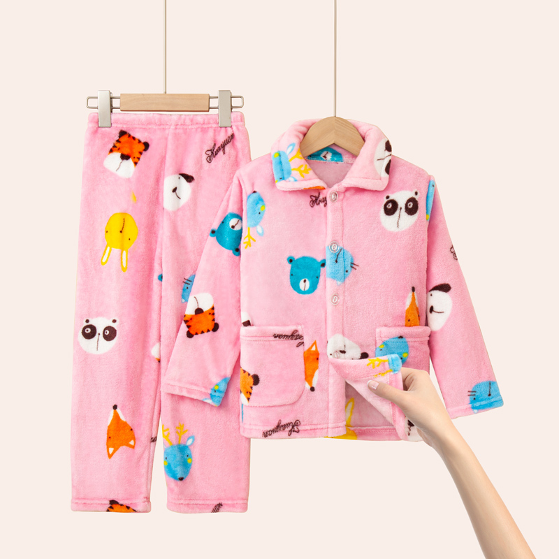 秋冬季儿童法兰绒睡衣男童宝宝女童家居服男孩加厚冬款女孩珊瑚绒