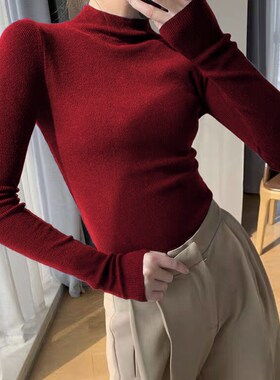 半高领绿色打底衫女薄款修身内搭上衣2024春装新款针织百搭毛衣潮