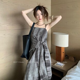 Best U新中式晕染小众吊带连衣裙女夏季新款复古设计感开叉裙子
