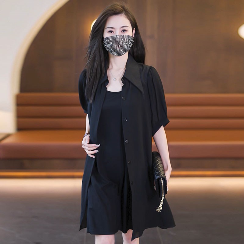 高级感黑色中长款雪纺衬衫连衣裙套装大码女装显瘦吊带裙两件套女