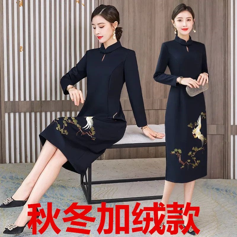 薄款/加绒改良旗袍连衣裙春秋冬大码女装300斤胖mm中长款打底裙子