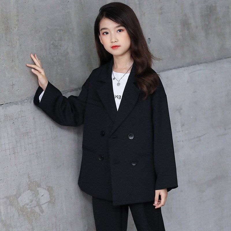 女童小西装套装2024秋装新款洋气西服中大童装黑色阔腿裤子两件套