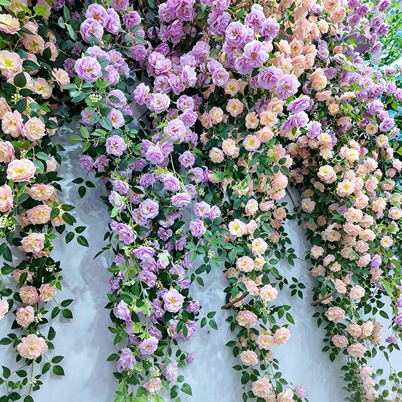 仿真玫瑰花藤多色蔷薇藤蔓月季花墙空调管道装饰花藤婚庆装饰假花