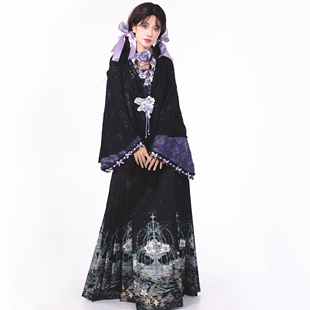 明制汉服新中式 月渺境灵愿泉黑色马面裙套装 女汉洋折衷2025冬新款
