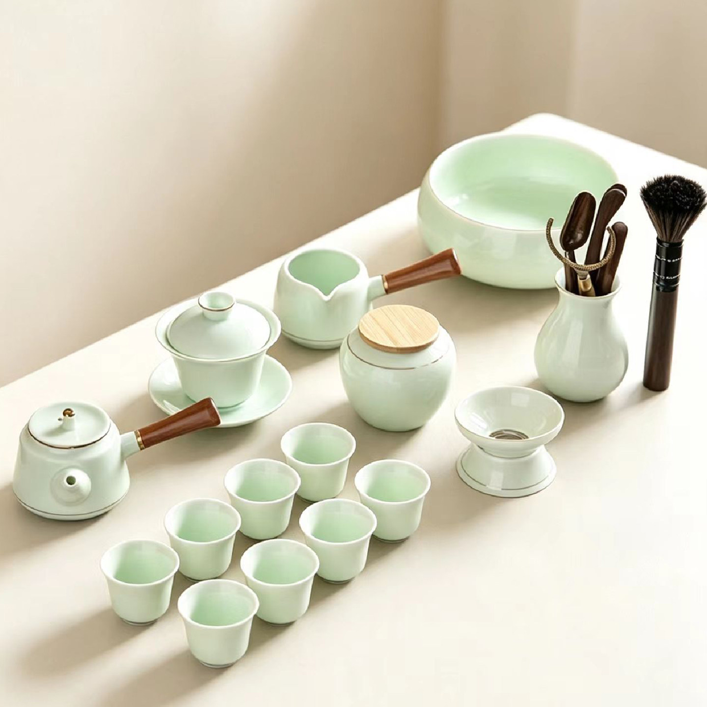 家用高端描金木柄侧把壶泡茶三才盖碗品茗杯轻奢功夫茶具套装礼盒