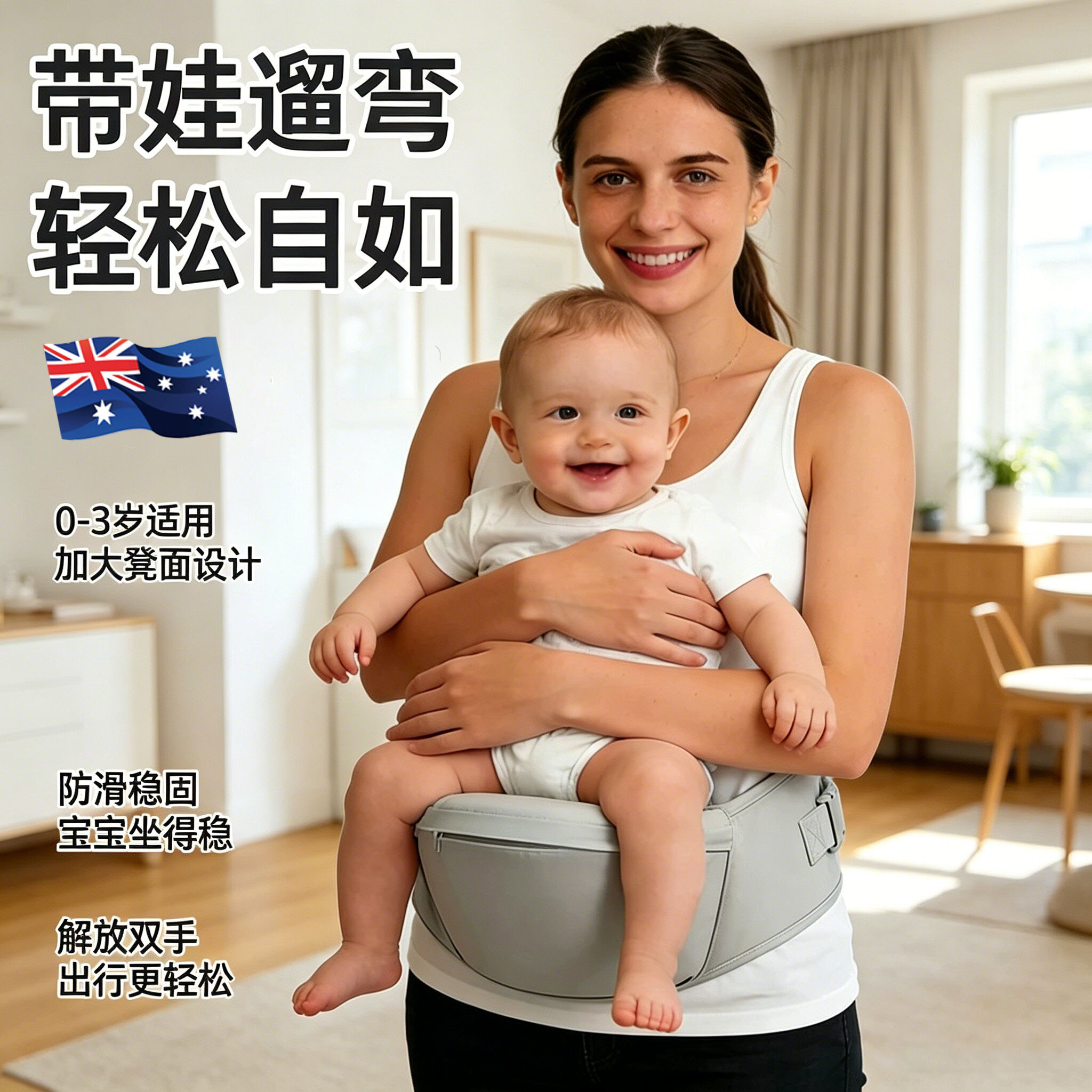 澳洲婴儿背带单凳四季通用外出孩子简易腰凳便携式宝宝抱带前抱式