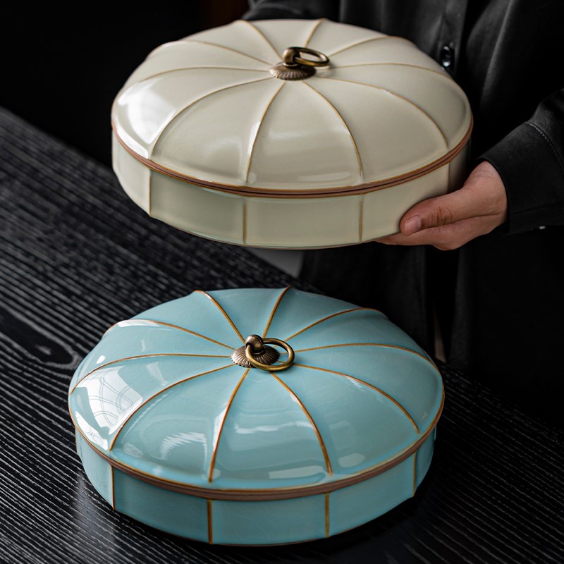 汝窑陶瓷茶叶罐防潮密封罐家用y大号普洱茶盒储存罐中式茶饼收纳