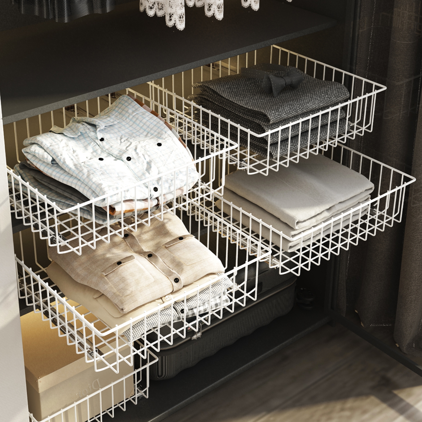 颐馨衣柜拉篮免打孔抽拉网篮 家用衣柜收纳改造滑轨置物架DIY衣橱