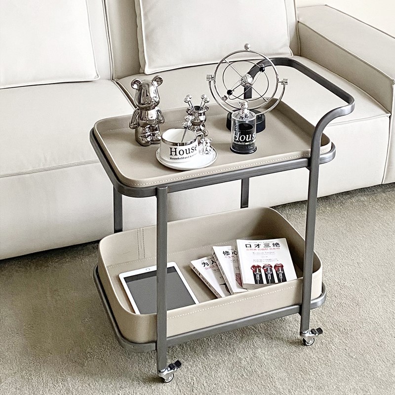轻奢马鞍皮移动沙发边几小推车茶几客H厅钛家用角几床头柜带轮餐