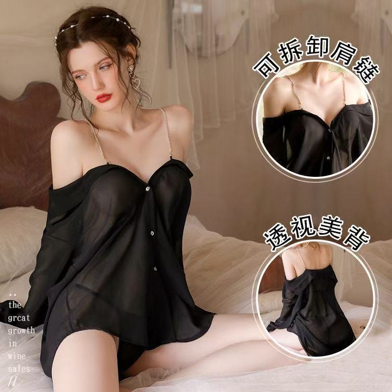 萦烟性感免脱黑色露肩吊带睡裙制服纯欲男友风薄款透视家居睡衣
