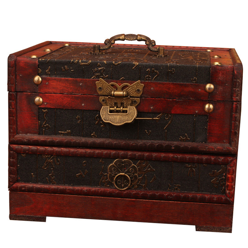 仿古木质梳妆盒带镜子带锁v复古收纳盒流苏步摇首饰盒木盒结婚礼