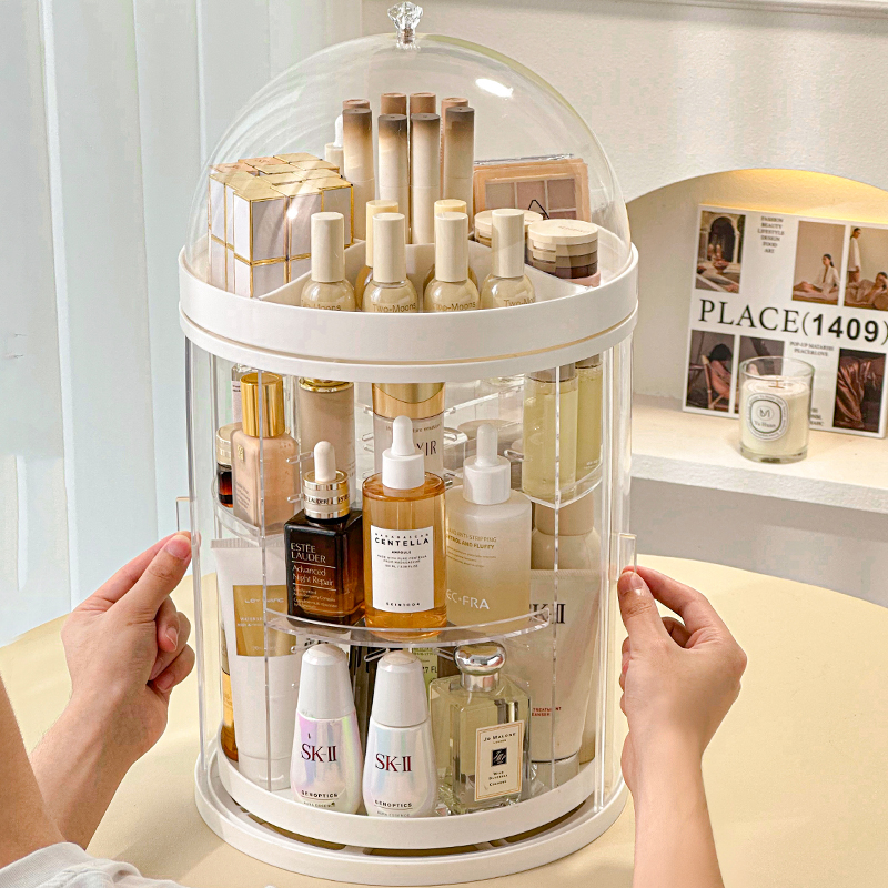 旋转化妆品收纳盒防尘带盖梳妆台护肤品置物架桌面大W容量口红架