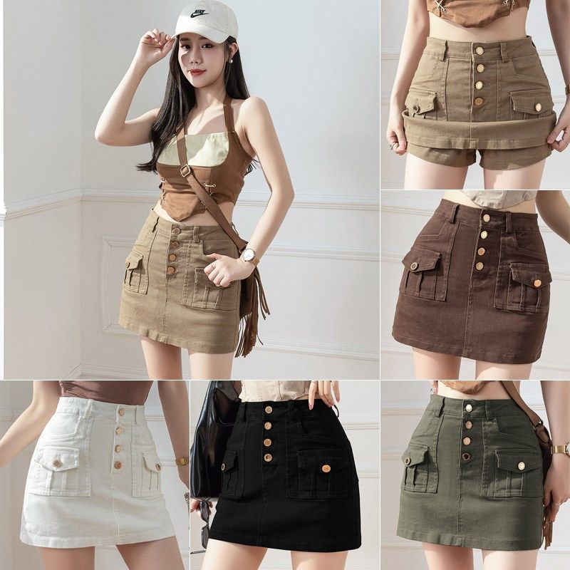 时尚排扣工装牛仔裙女夏装2024年新款弹力高腰显瘦防走光包臀短裙,女装/女士精品,半身裙,淘宝优惠券,粉丝福利购,淘宝优惠卷