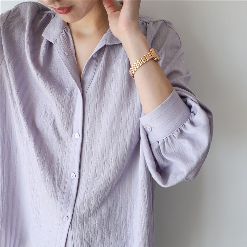 XINER 淡蓝紫色暗纹长袖衬衫女高级感时髦温柔立领上衣2022春秋季