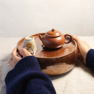 紫铜烤色干泡台茶船茶洗茶具配件 手工锻打纯铜大号壶承茶盘茶托