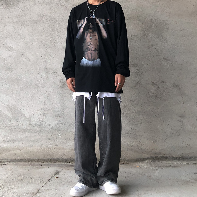 美式暗黑嘻哈复古牛仔裤男士宽松直筒宽裤带链子百搭古著长裤,男装,牛仔裤,淘宝优惠券,粉丝福利购,淘宝优惠卷