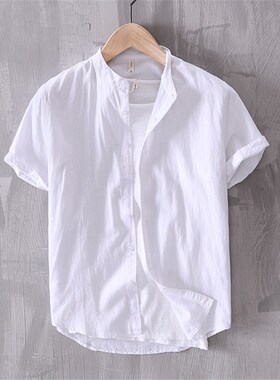 高性价比男士纯棉白色长袖立领薄款休闲复古衬衫春秋青年粉色衬衫