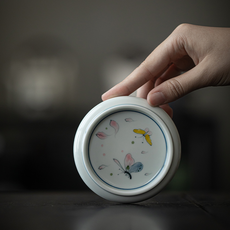 草木祠陶瓷手绘盖置 茶壶盖碗盖托 中式茶杯垫隔热垫圆形杯托